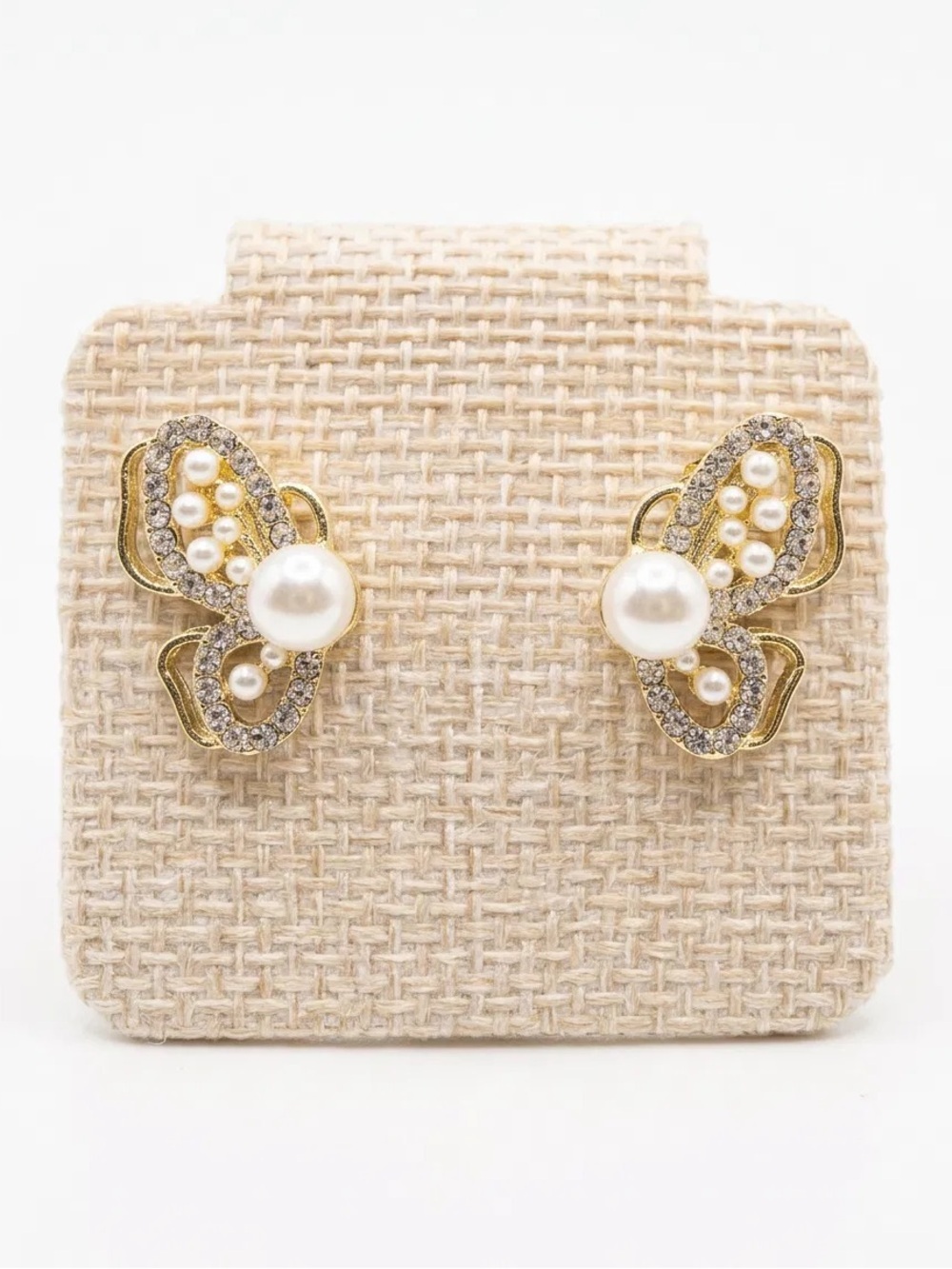 New Stunning Gold Pearl & Crystal Butterfly Stud Earrings